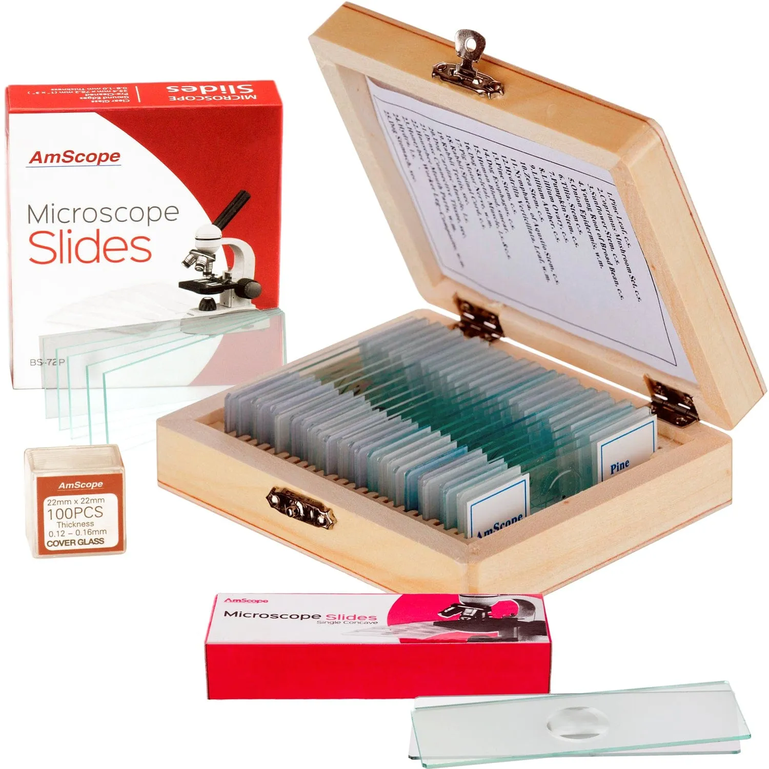 AmScope 25 Microscope Prepared Slides, 72 Pre-Cleaned Blank Plate Slides, 12 Single Depression Concave Slides and 100 Coverslips