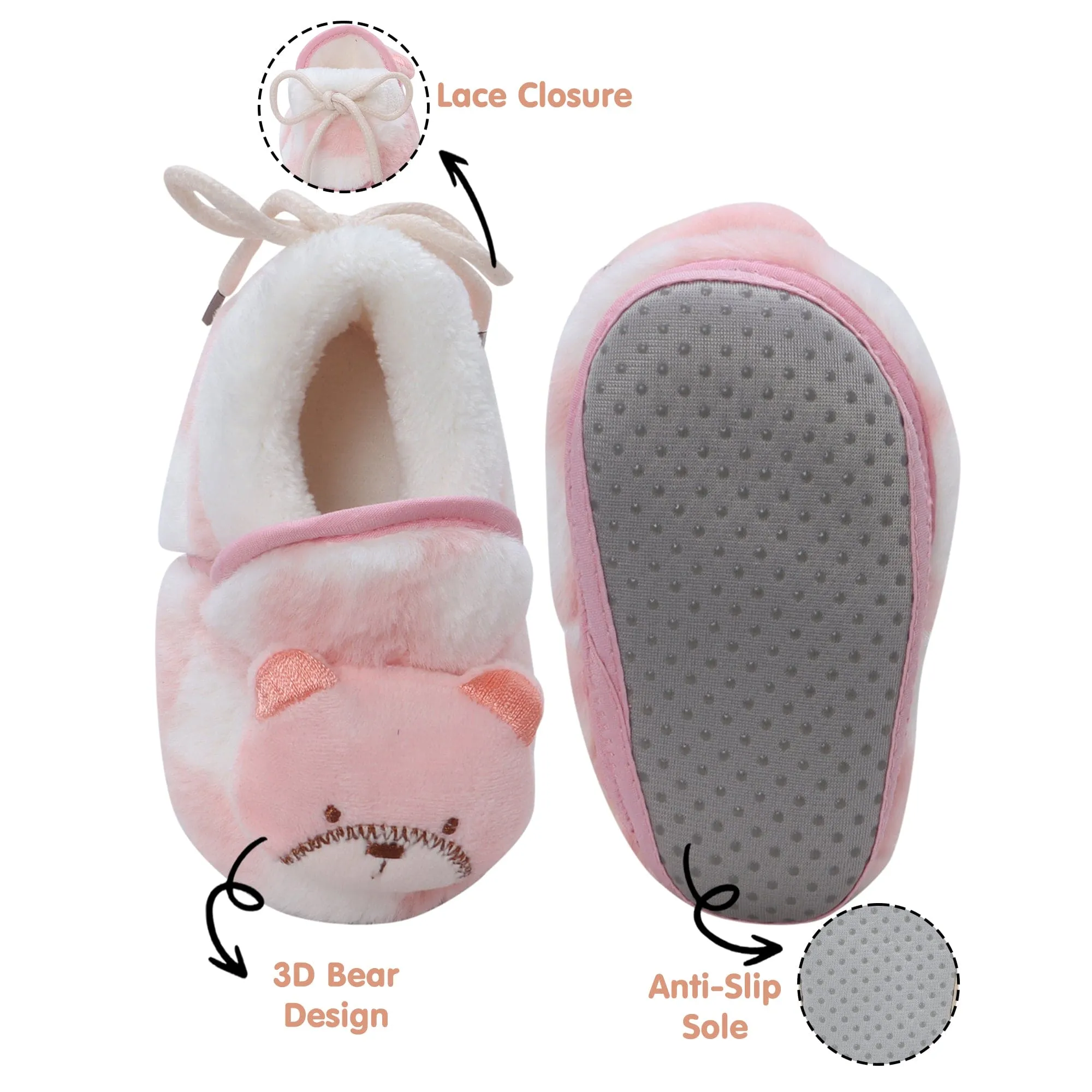 Baby Moo 3D Dear Bear Soft Slip-On Anti-Skid Plush Warm Booties - Pink