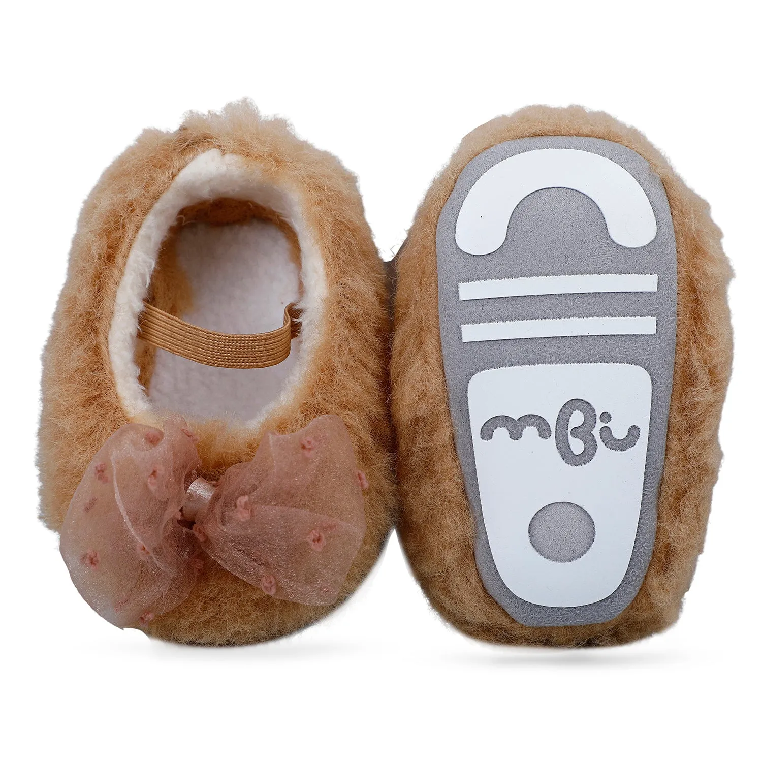 Baby Moo Bow Applique Warm Furry Booties - Brown