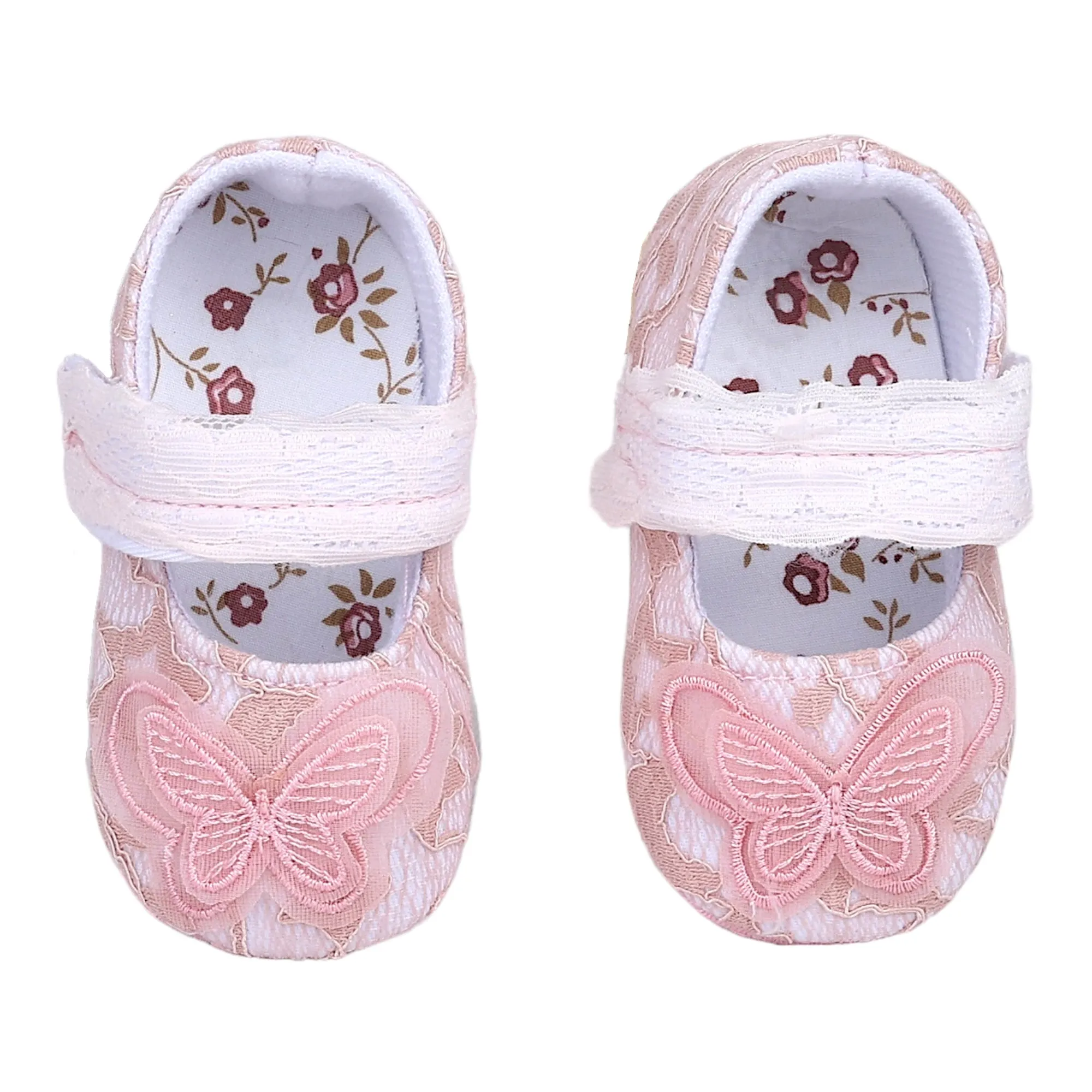 Baby Moo Embellished Butterfly Velcro Strap Lace Ballerina Booties - Pink