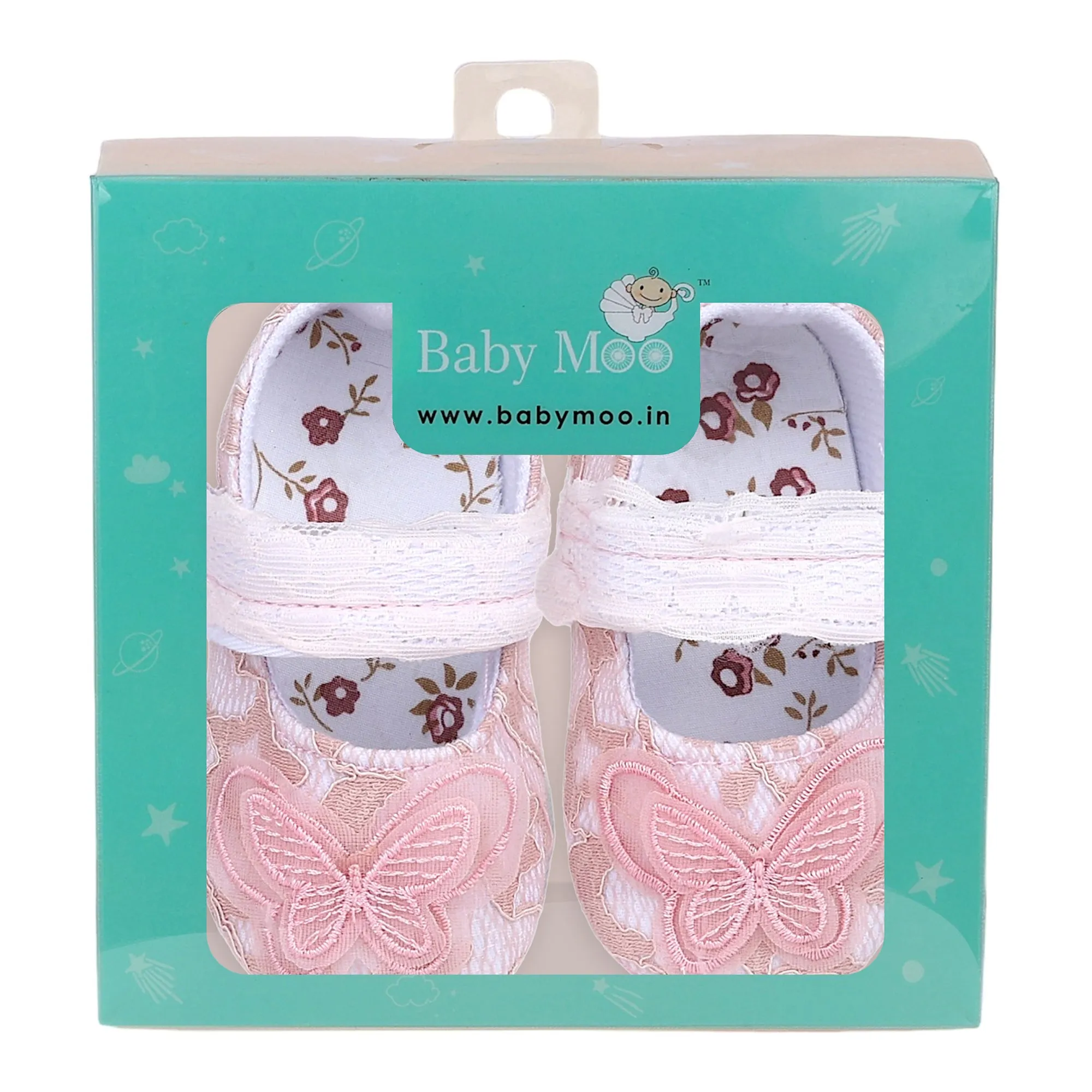 Baby Moo Embellished Butterfly Velcro Strap Lace Ballerina Booties - Pink