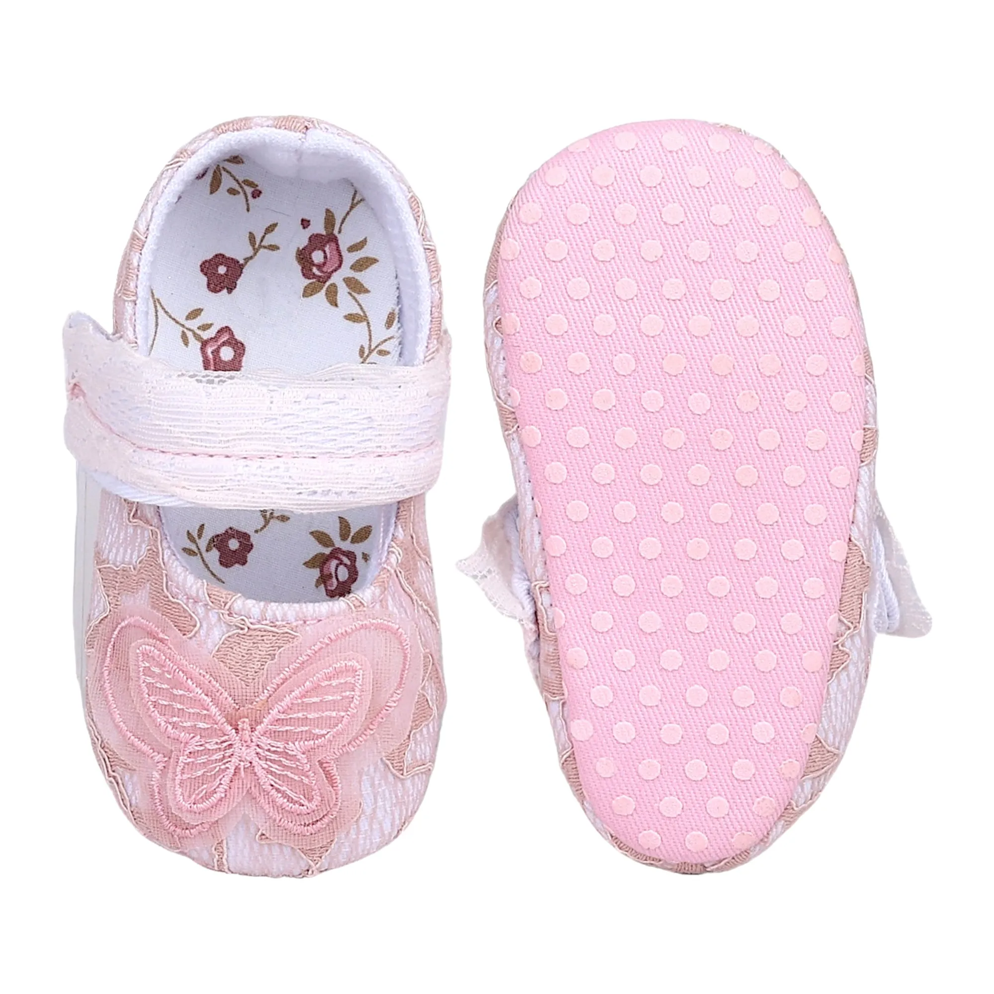 Baby Moo Embellished Butterfly Velcro Strap Lace Ballerina Booties - Pink