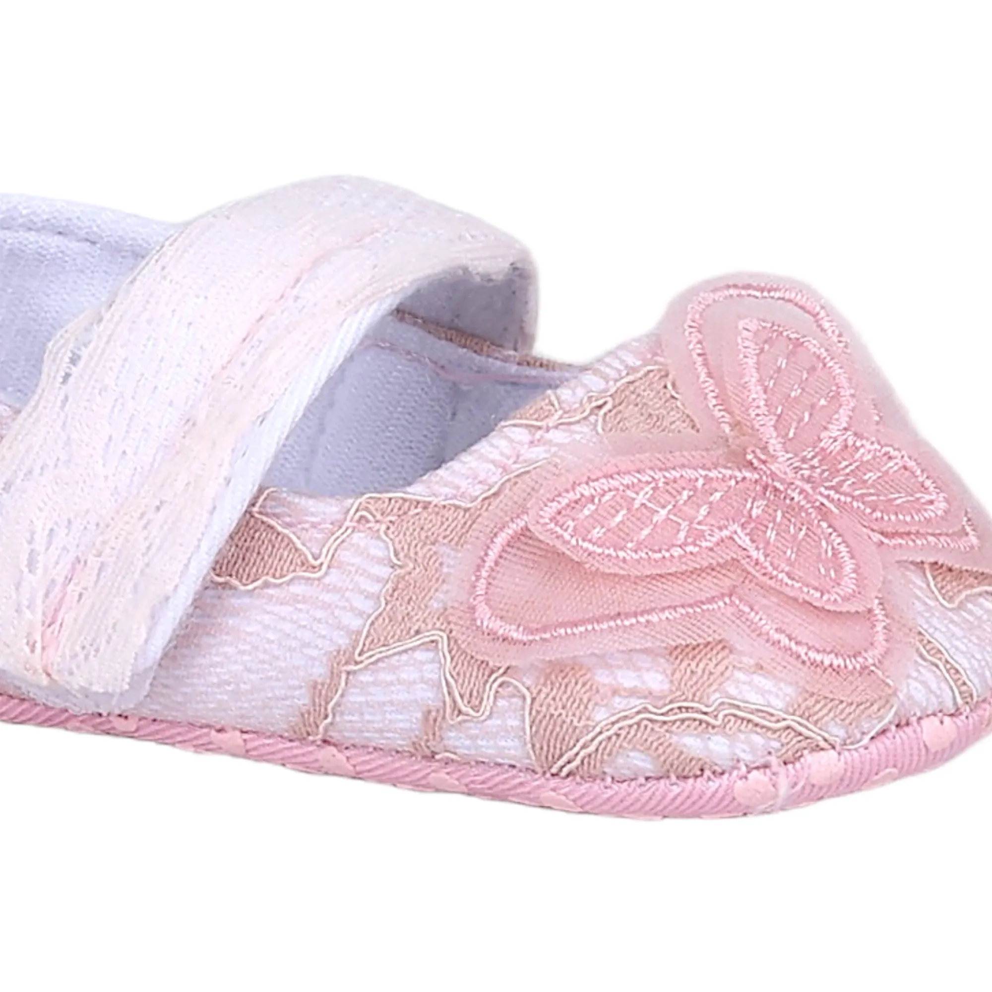 Baby Moo Embellished Butterfly Velcro Strap Lace Ballerina Booties - Pink