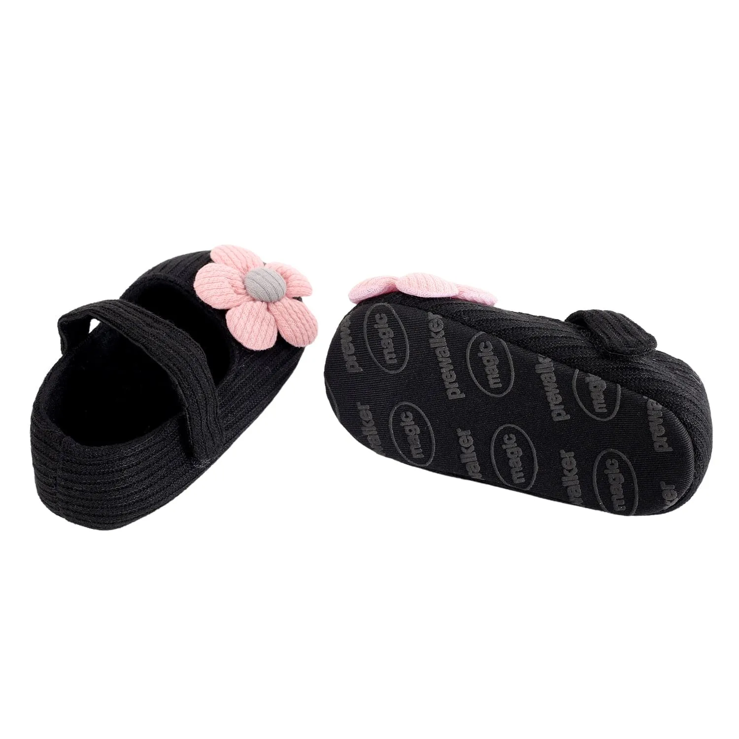 Baby Moo Floral Applique Black And Pink Booties