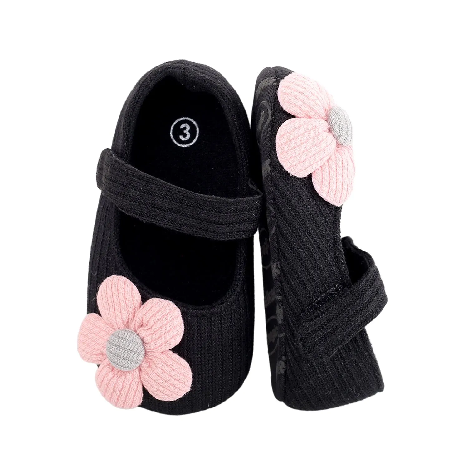 Baby Moo Floral Applique Black And Pink Booties