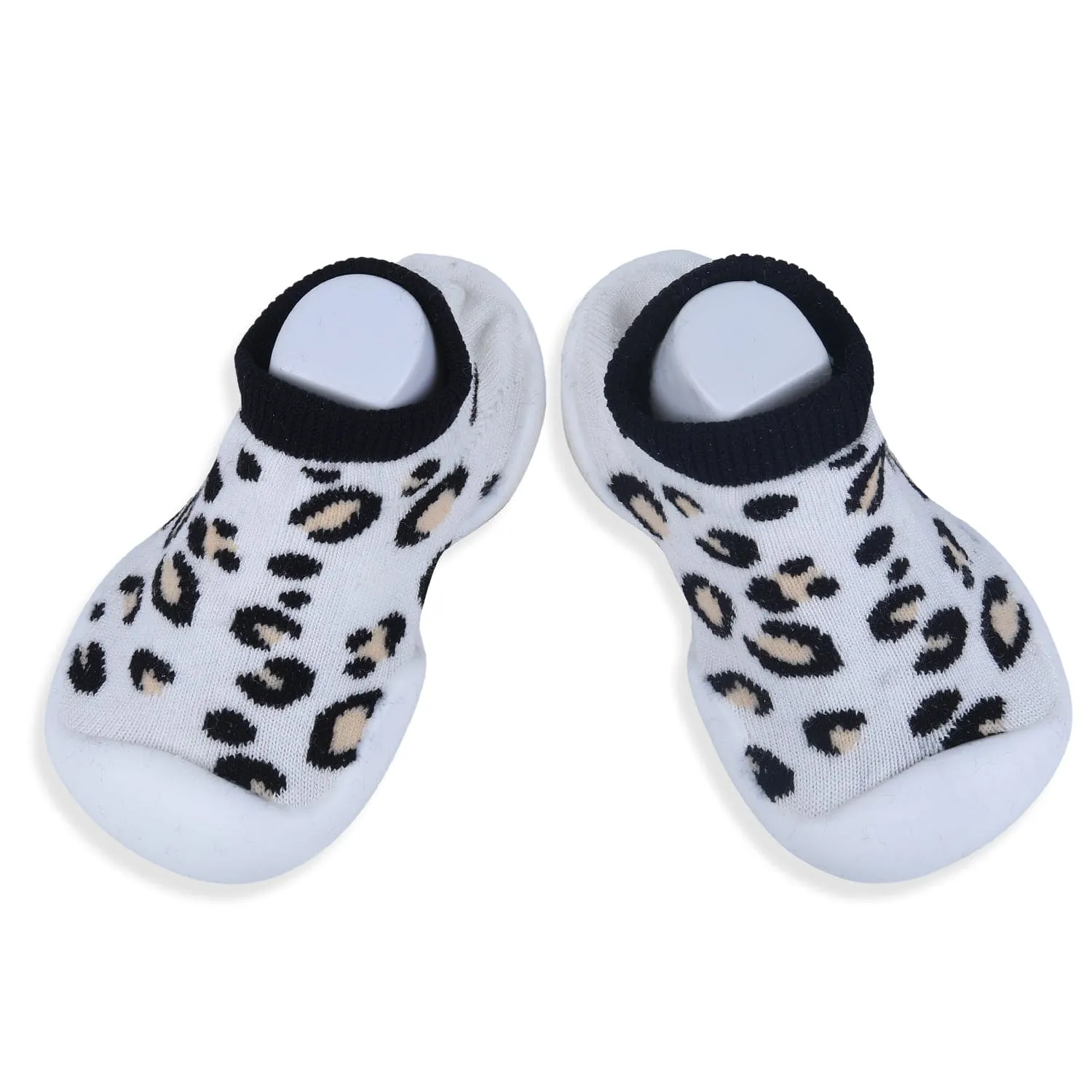 Baby Moo Leopard Print Rubber Comfortable Sole Slip-On Sock Shoes - White