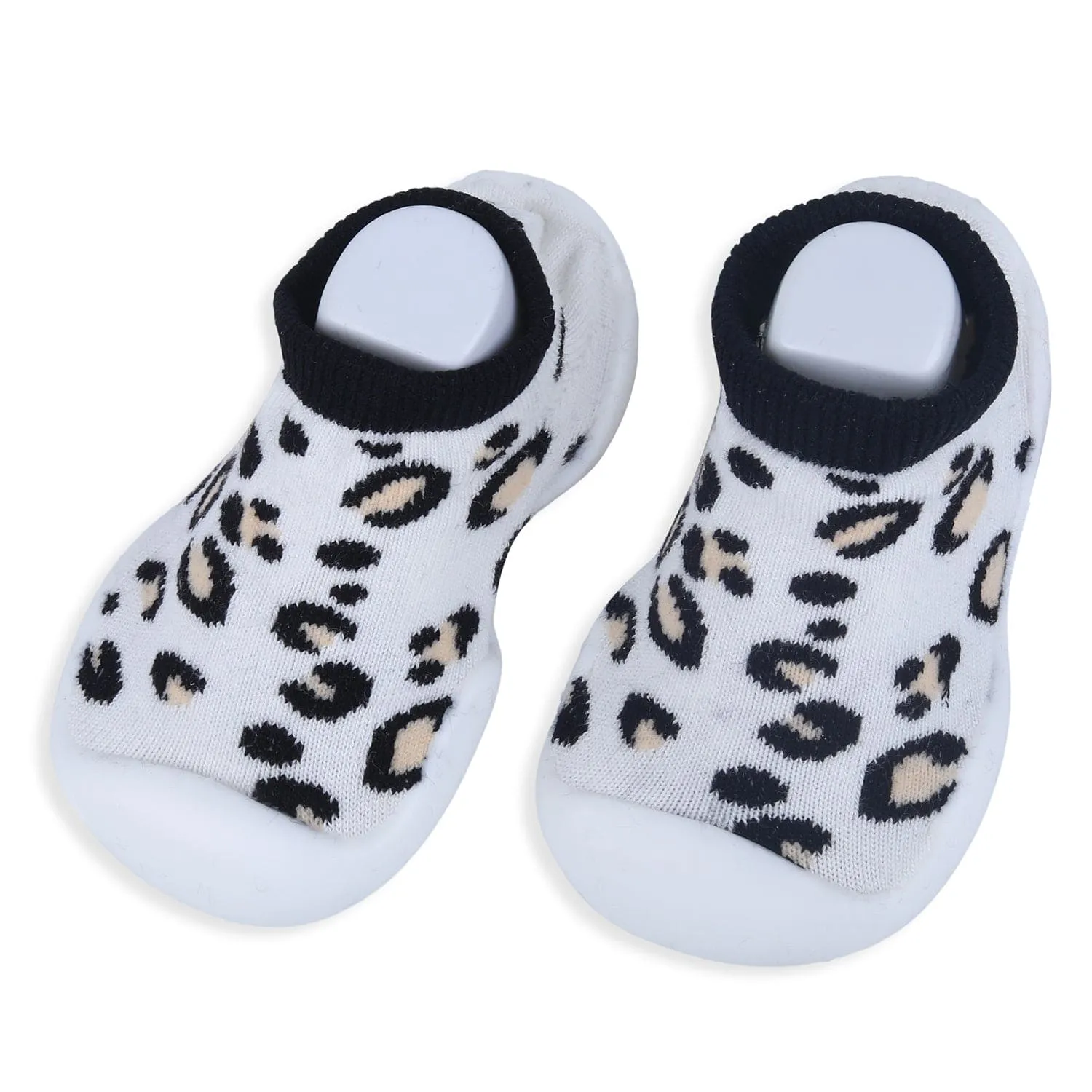 Baby Moo Leopard Print Rubber Comfortable Sole Slip-On Sock Shoes - White