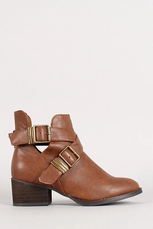 Breckelle Double Buckle Criss Cross Round Toe Cutout Booties