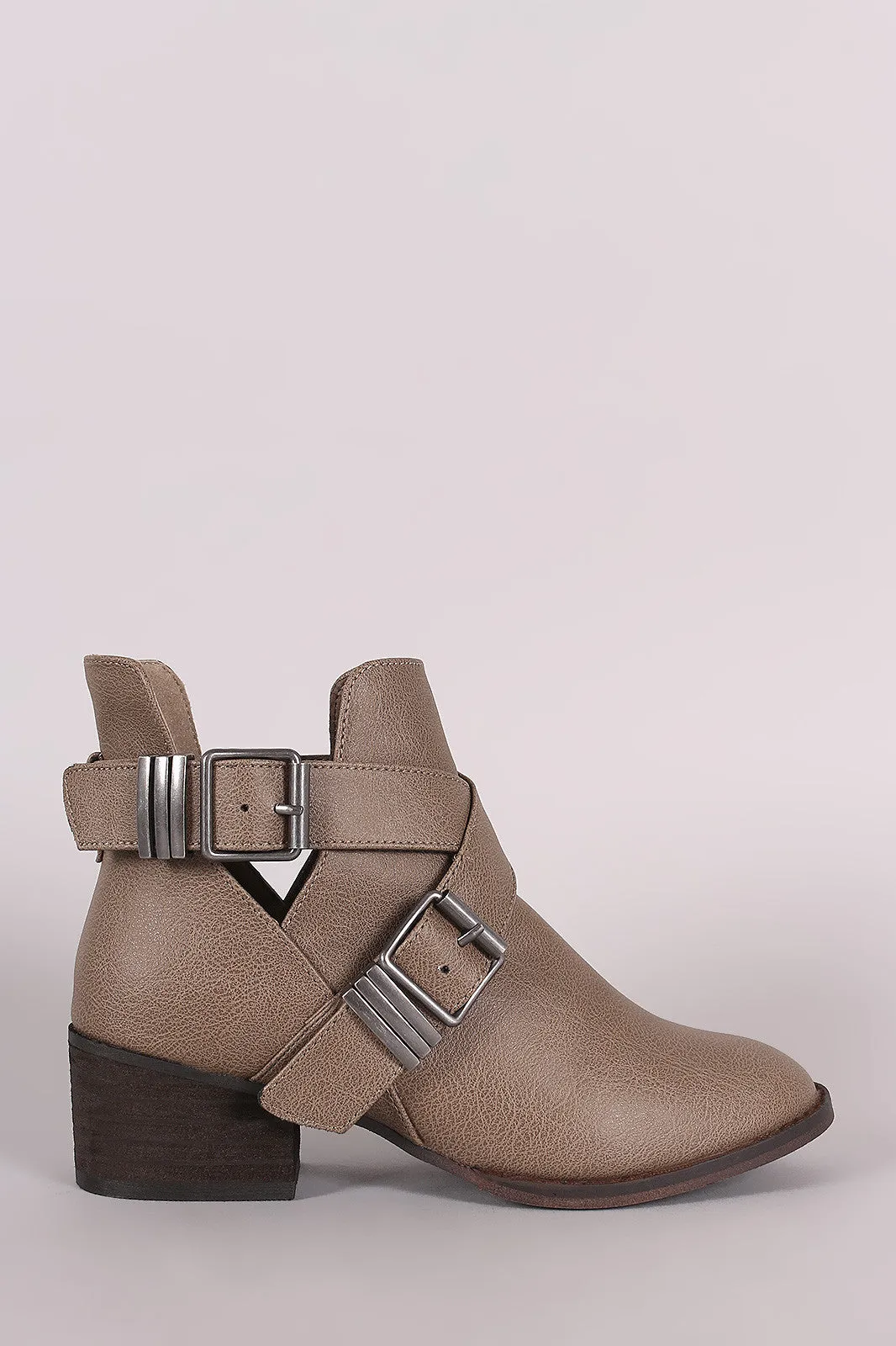 Breckelle Double Buckle Criss Cross Round Toe Cutout Booties