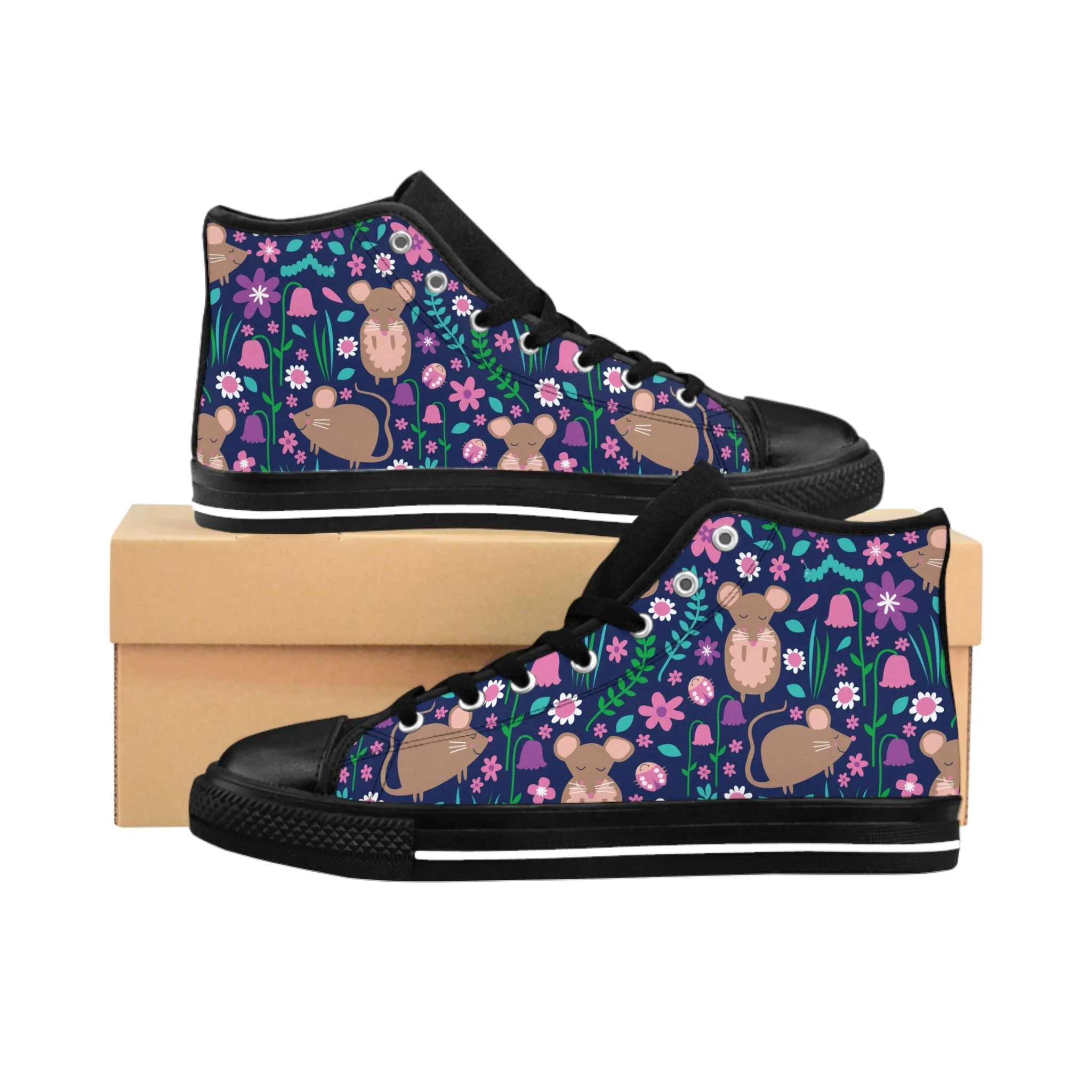 Brown Mice and Flowers Women's Classic Sneakers