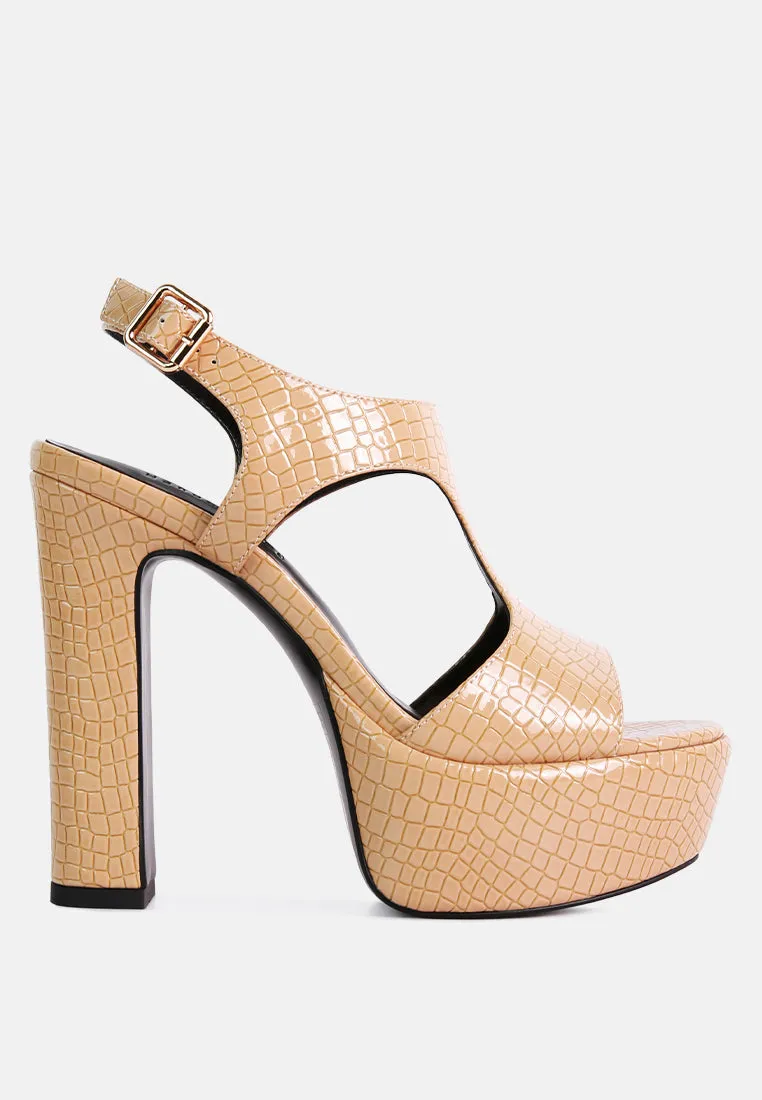 CROFT Croc High Heeled Cut Out Sandals in Beige