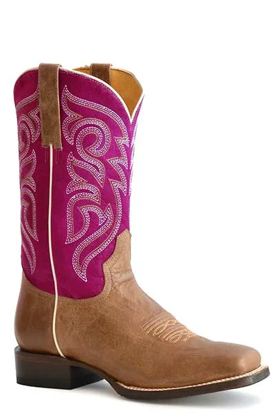 Ladies Roper Footwear Burnished Tan Broad Square Toe Boots with Pink Tops