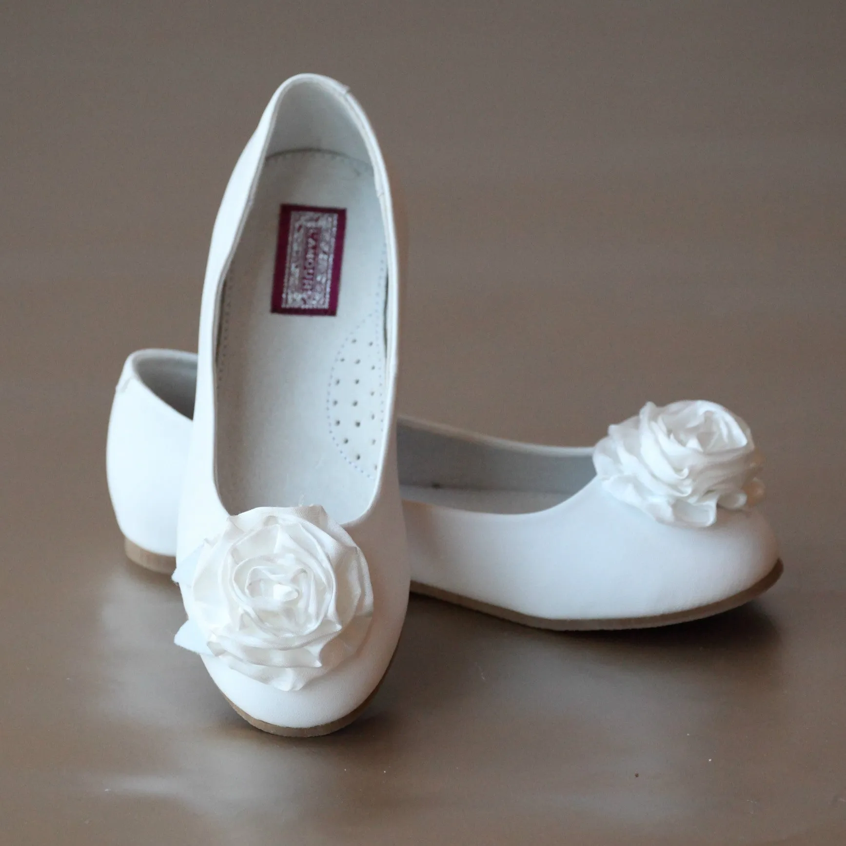 L'Amour Girls Satin Rosette Leather Flower Girl Flat