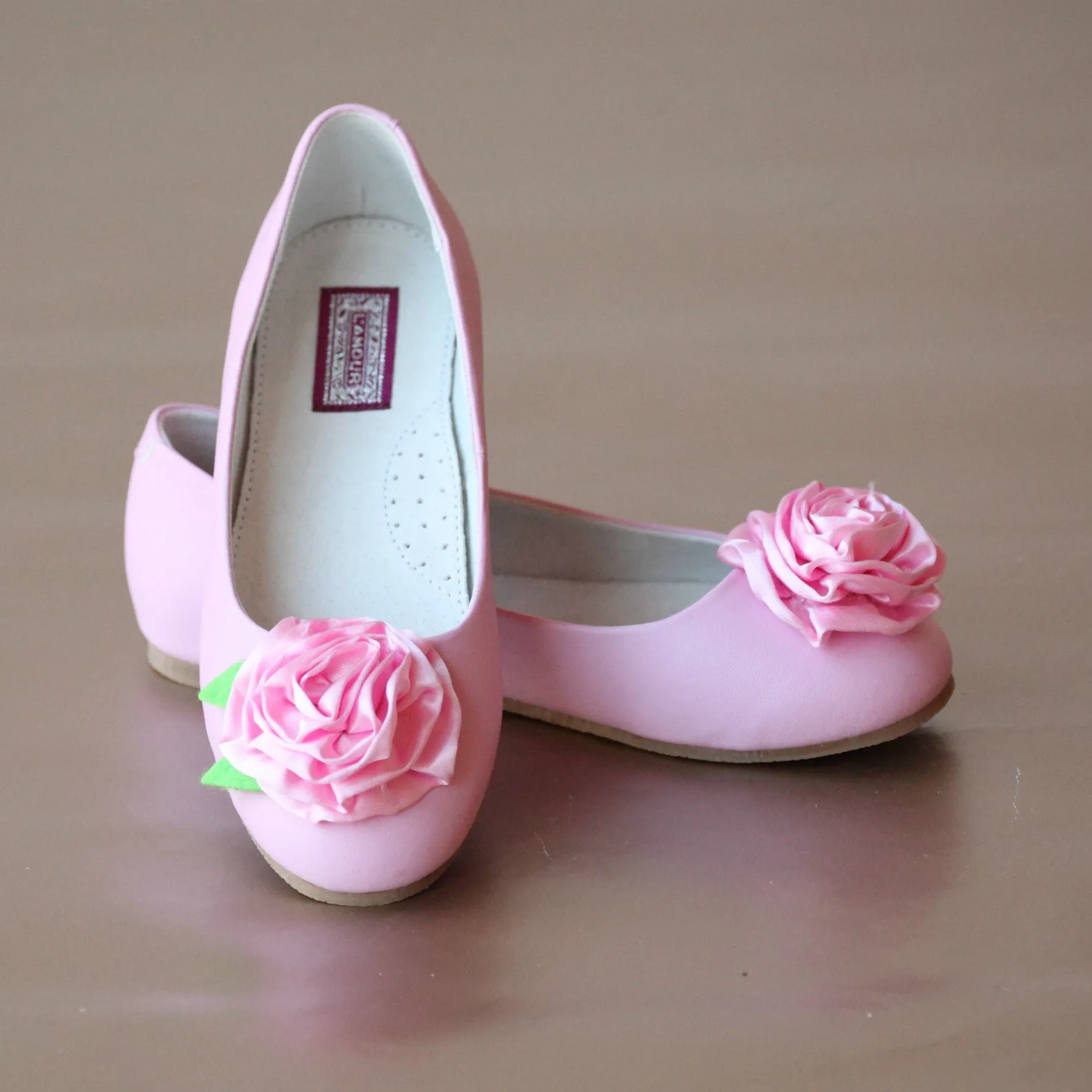 L'Amour Girls Satin Rosette Leather Flower Girl Flat