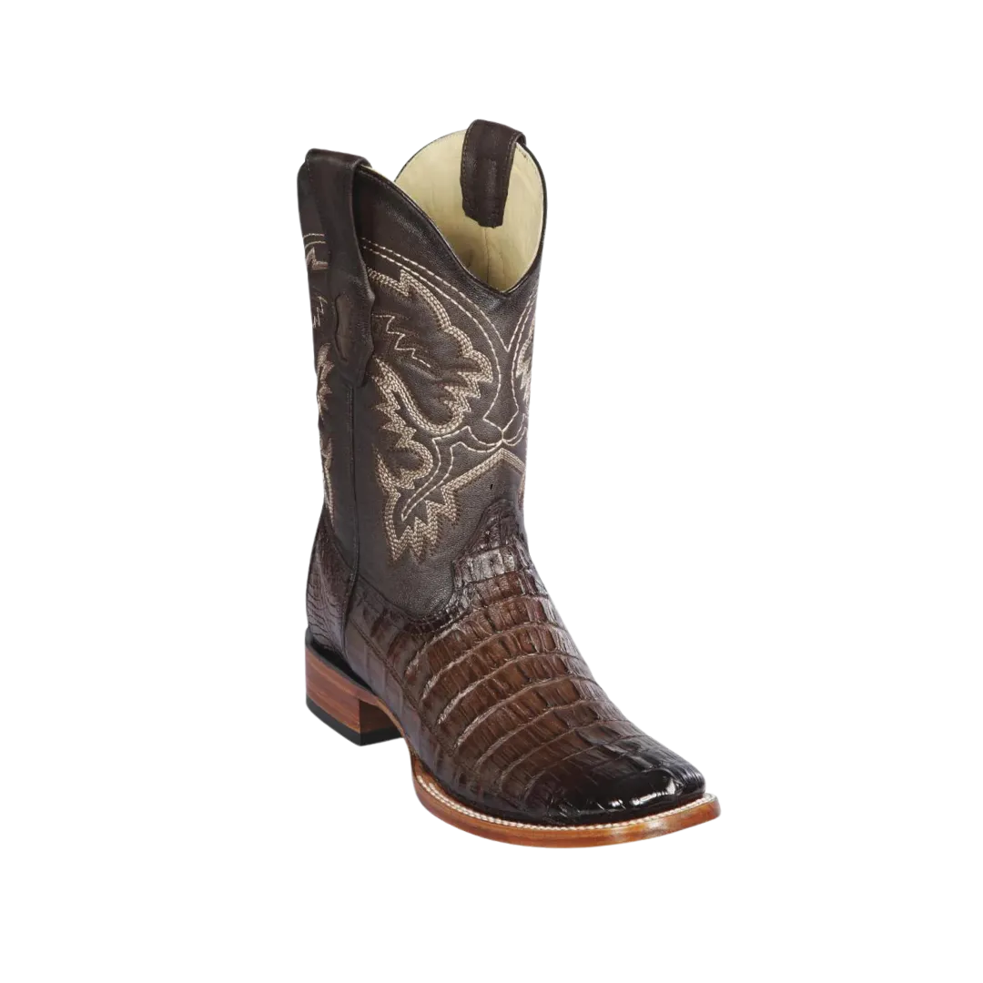 Los Altos Men's Wide Square Toe Genuine Caiman Tail Faded Brown Boots