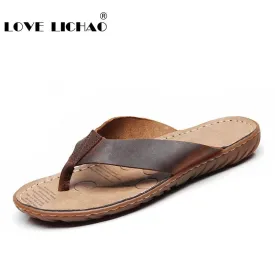 LOVE LICHAO Classic Men's Genuine Leather Slip-on Sandals for Beach Summer Wear