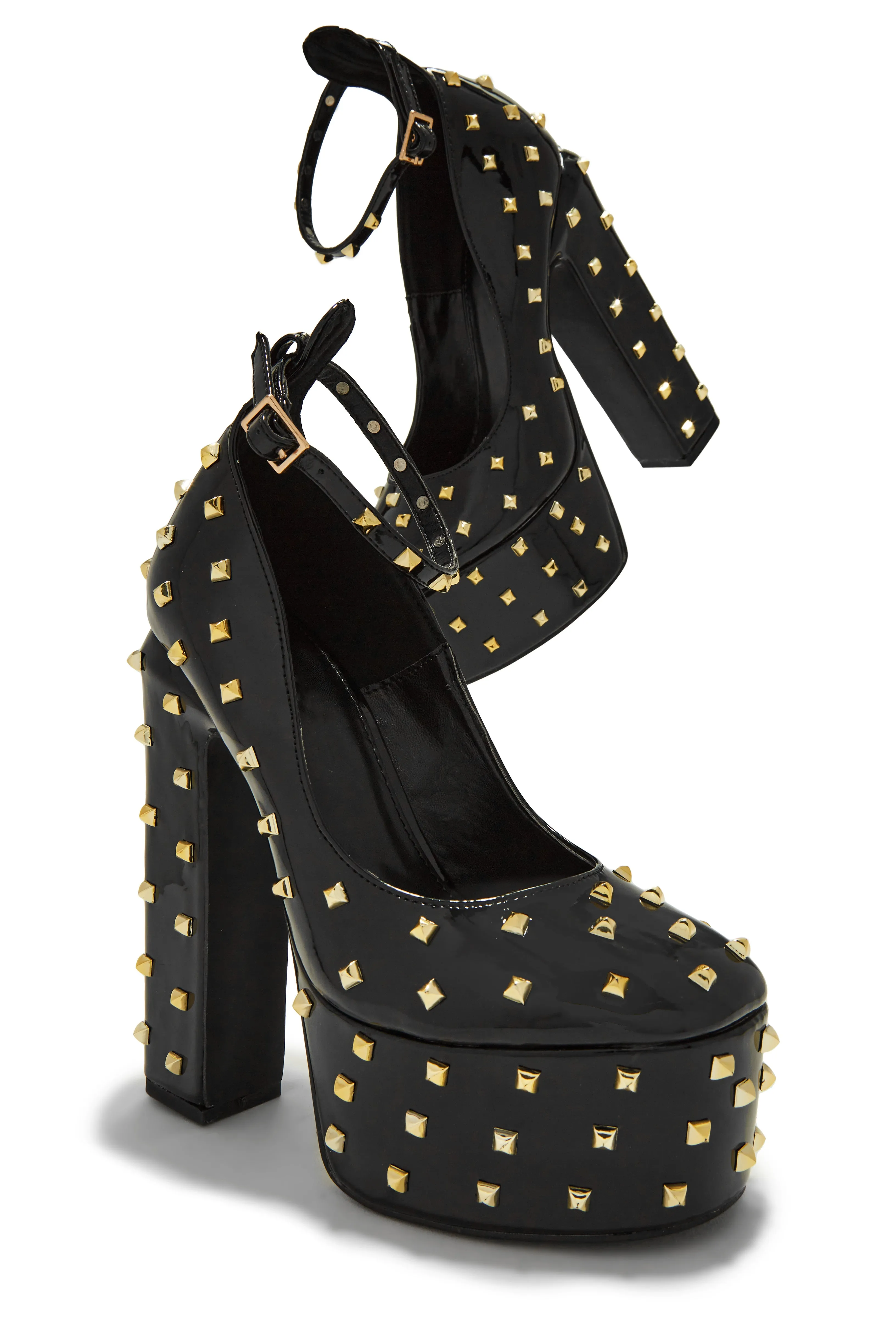 Nayomi Studded Platform Block High Heels - Black