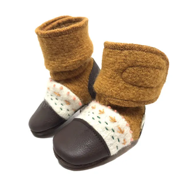 nooks design felted wool booties - embroidered golden spruce