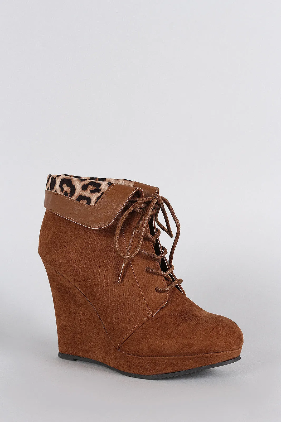 Qupid Suede Leopard Collar Round Toe Lace Up Wedge Booties