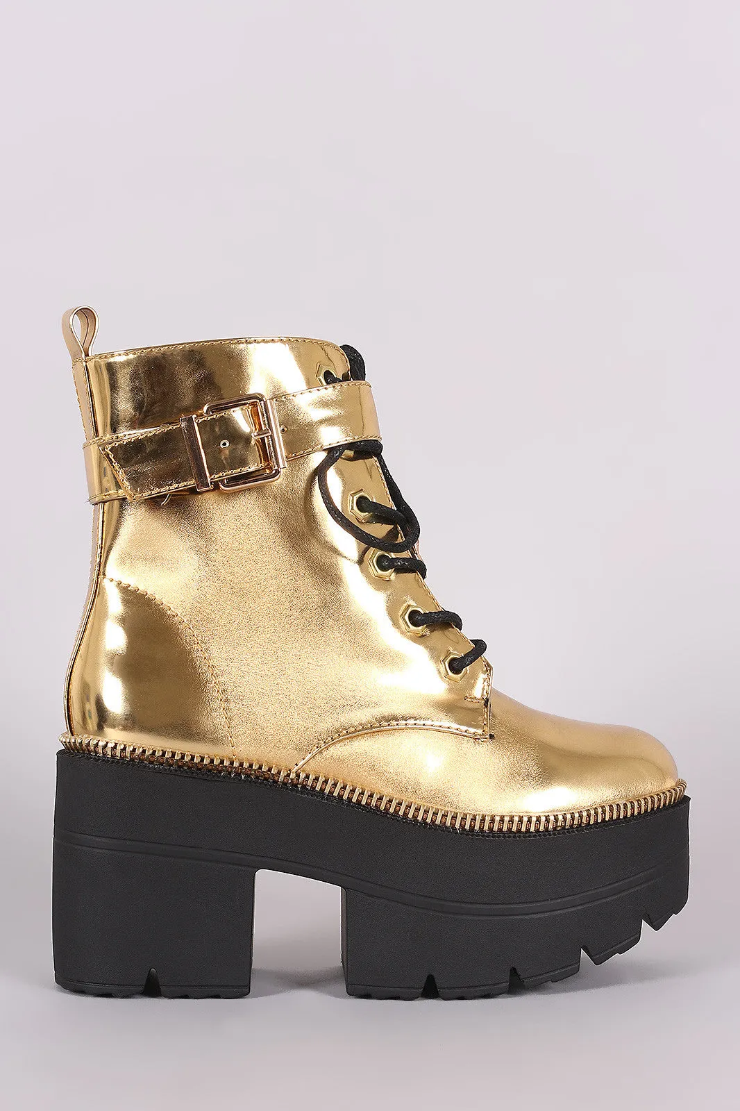 Shoe Republic LA Buckle Lace Up Lug Sole Metallic Chunky Platform Booties