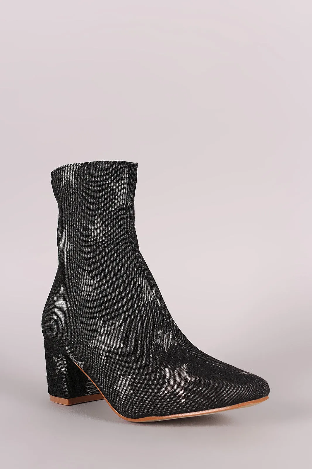 Star Print Denim Blocked Heeled Ankle Boots