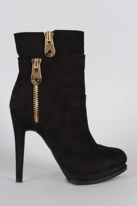 Suede Zipper Trim Almond Toe Heeled Booties