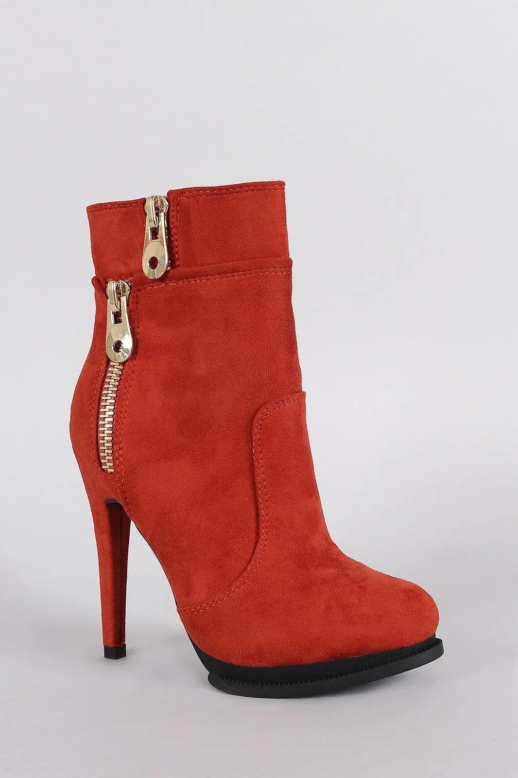 Suede Zipper Trim Almond Toe Heeled Booties