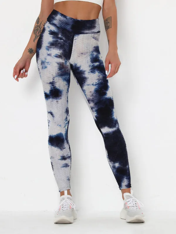 Women's ink jacquard tie-dye bubble fitness trousers