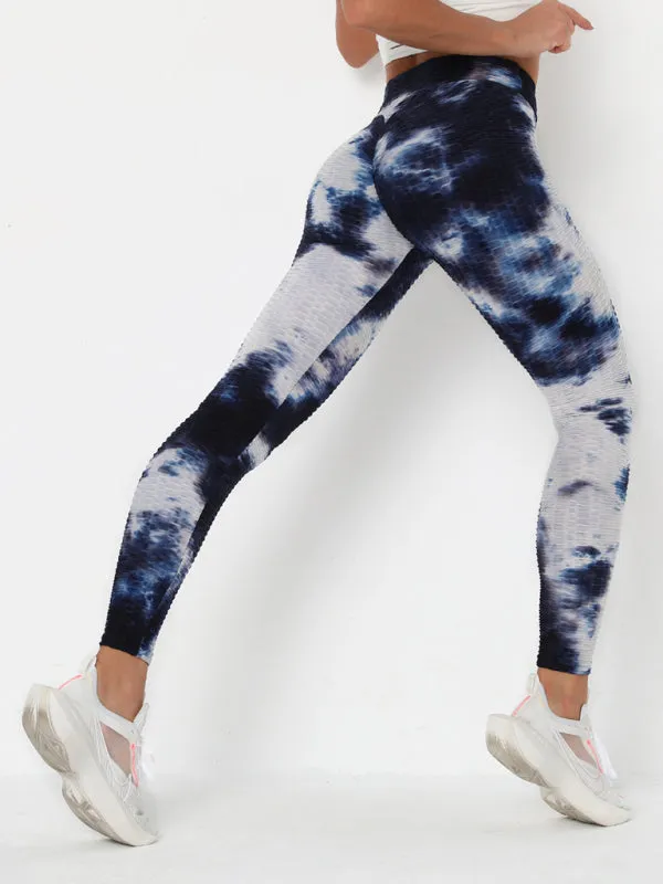 Women's ink jacquard tie-dye bubble fitness trousers