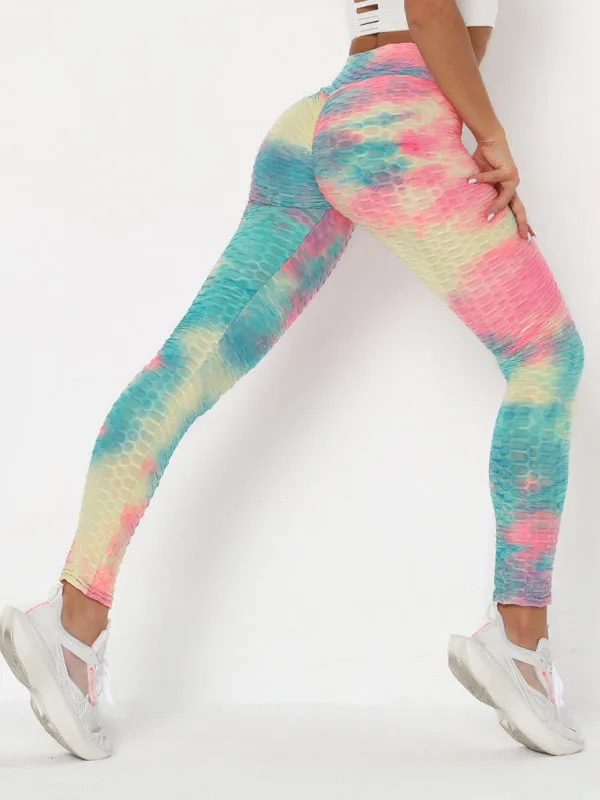 Women's ink jacquard tie-dye bubble fitness trousers